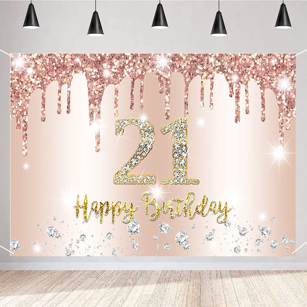 21st Birthday Decorations for Girl Women, Happy 21st Birthday Party Decoration Backdrop Banner, 21 Years Old Fabric Sign Poster, Rosegold Photo Background Party Supplies, 150cm x 90cm