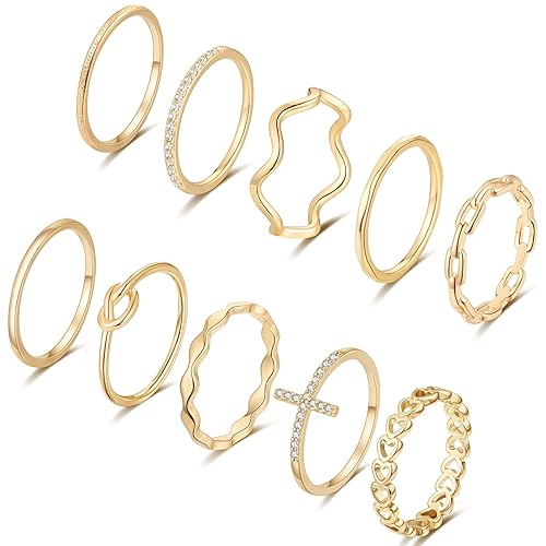 ZOERAY 10PCS 14K Gold Plated Stacking Rings for Women Thumb