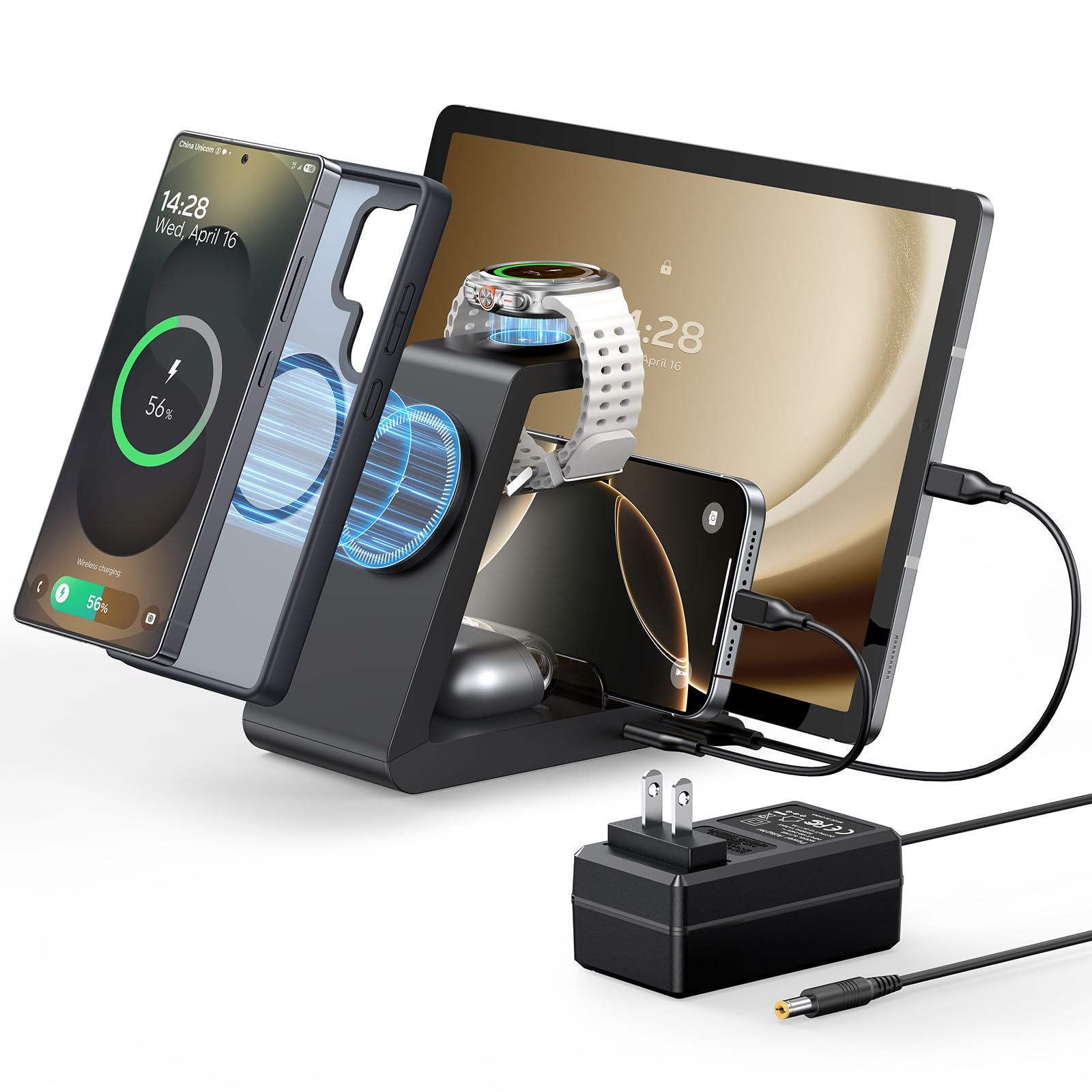 Photo 1 of 5 in 1 Magnetic Wireless Charging Station for Samsung Galaxy S25 S24 S23 Ultra & Galaxy Watch Ultra 8 7 6 5, Fast Mag-Safe Charger Stand Dock for Buds/iPhone/Tab/iPad, with 36W Adapter