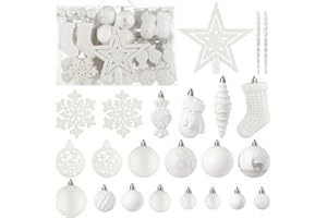 SOLEDI 128 Pcs Christmas Tree Decorations Set Assorted Christmas Ornaments, Pre-Tied Christmas Balls for Xmas Hanging Decorations Festival Holiday Decor, Shiny, Shatterproof Decorated Baubles, White