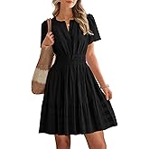 BTFBM Womens Spring 2026 Casual Mini Dresses Lightweight Short Sleeve V Neck Elastic Waist Cute Boho Beach Dress Pockets