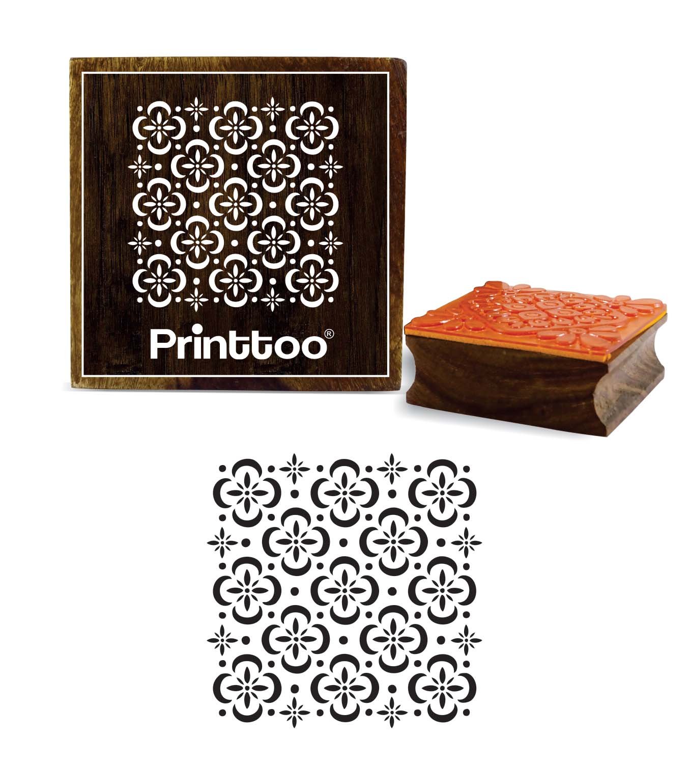 Printtoo Floral Pattern Brown Wooden Square Rubber Stamp Crafting Textile Stamps-3 x 3 Inches