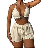 SOLY HUX Women's 3 Piece Bikini Sets Frill Trim Halter Swimsuit Backless Textured Bathing Suit with Shorts
