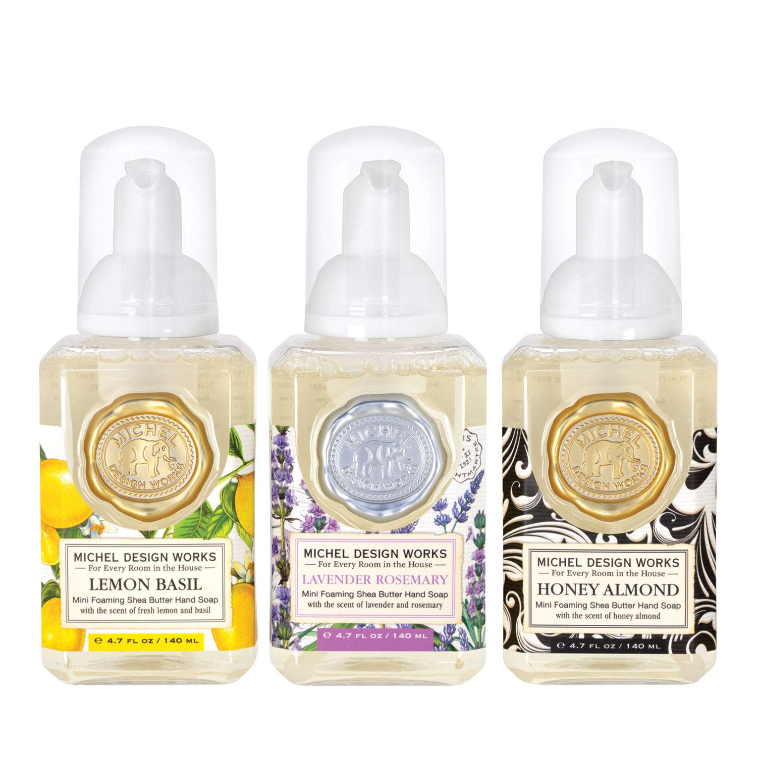 Michel Design Works Mini Foaming Soap 3-Pack Set Lavender Rosemary, Lemon Basil, Honey Almond 140ml/4.7fl.oz
