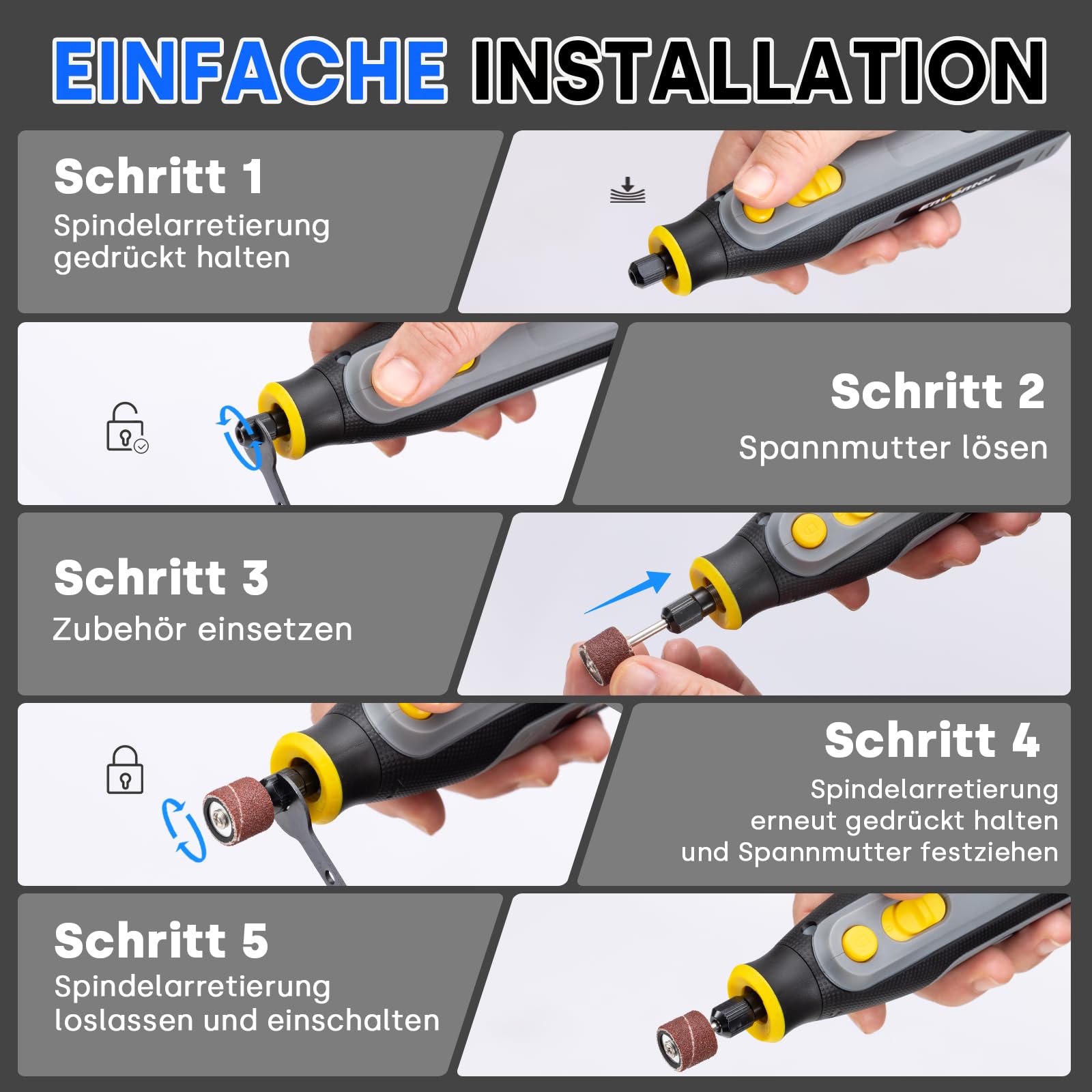 Enventor 4V Mini Multifunktionswerkzeug Akku, Rotationswerkzeug-Set, 5 Variable Geschwindigkeiten, 5000-25000 RPM, 104-tlg Zubehör zum Schnitzen, Schleifen, Polieren, Schneiden, Bohren 6