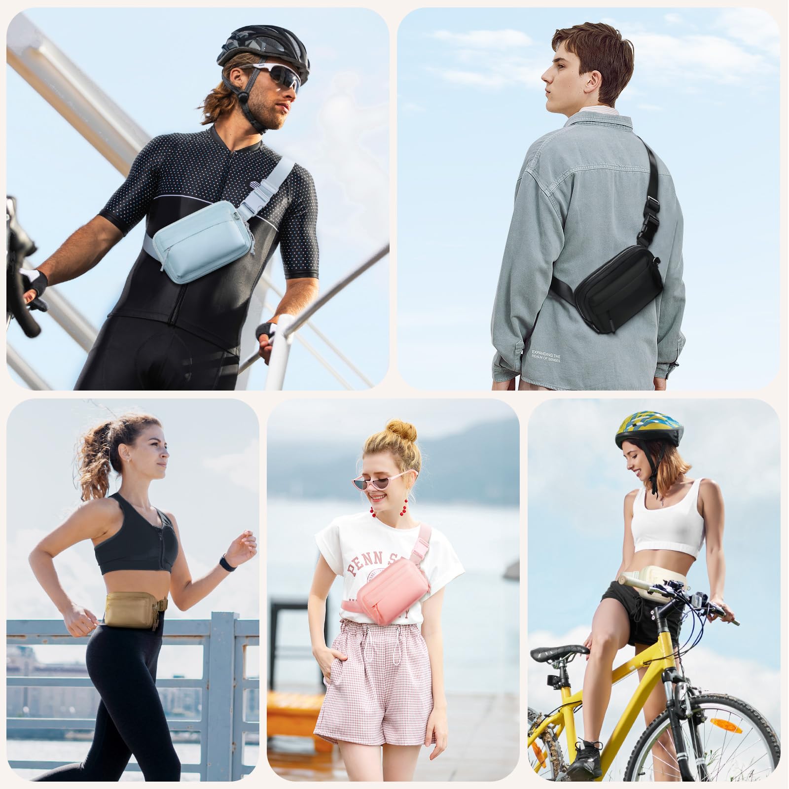 BesTour Fanny Packs for Women Men,Belt Bag with 3 Zipper Pockets,Water-resistant Crossbody Bag,Fashion Waist Packs with Adjustable Long Strap for Workout/Running/Yoga/Shopping/Hiking,Black