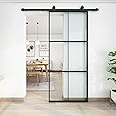 JUBEST 36in x 84in Glass Sliding Barn Door, 3-Panel Black Aluminum Frame and Clear Tempered Glass Modern French Door, Easy to Install (No Sliding Hardware Kit)