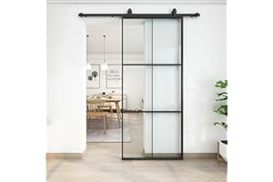 JUBEST 36in x 84in Glass Sliding Barn Door, 3-Panel Black Aluminum Frame and Clear Tempered Glass Modern French Door, Easy to Install (No Sliding Hardware Kit)