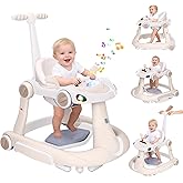 Baby Walker with Wheels, 5-in-1 Foldable Infant Toddler Walker for Boys Girls 6-18 Month, Music Walker for Baby with Car Steering Wheel &Removable Footrest,Baby Push Walker Beige