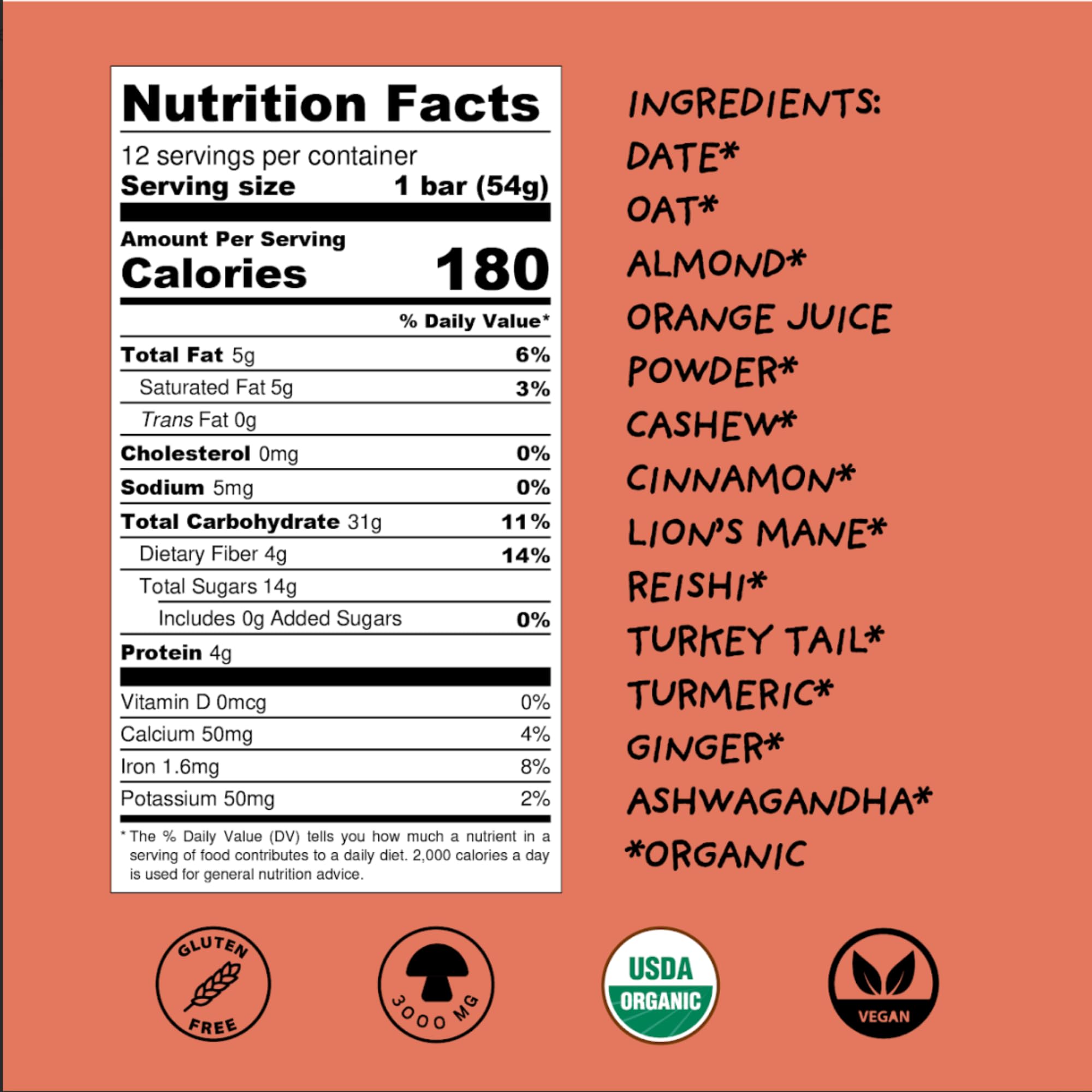 WISE BAR Adaptogen Mushroom Nutrition Bars with Reishi, Lions Mane & Ashwagandha, Organic Vegan & Gluten Free Snacks for Natural Focus, Energy & Immunity Support, Cinnamon Turmeric Flavor, 12 Count