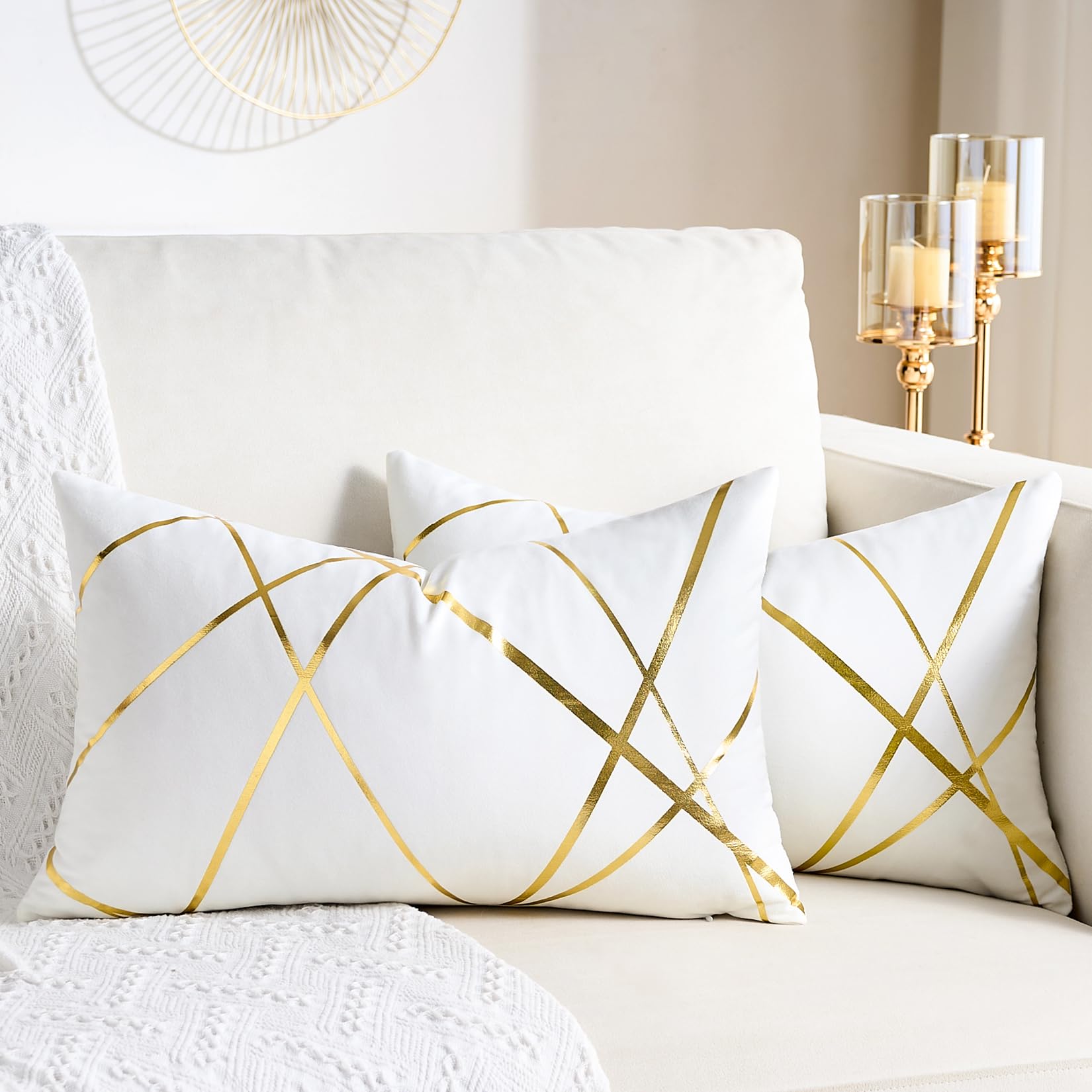 Velvet Cushion Covers 30 x 50 cm Gilded Throw Pillow Covers Decorative Velvet Sofa Cushions Gold Lines geometry Pattern White Square Decorative Soft Home for Sofa Living Room Spring Summer Pack of 2 — image 1