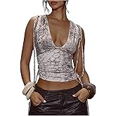 SweatyRocks Women's Snake Print Deep V Neck Tank Top Sexy Sleeveless Fitted Crop Night Out Tops