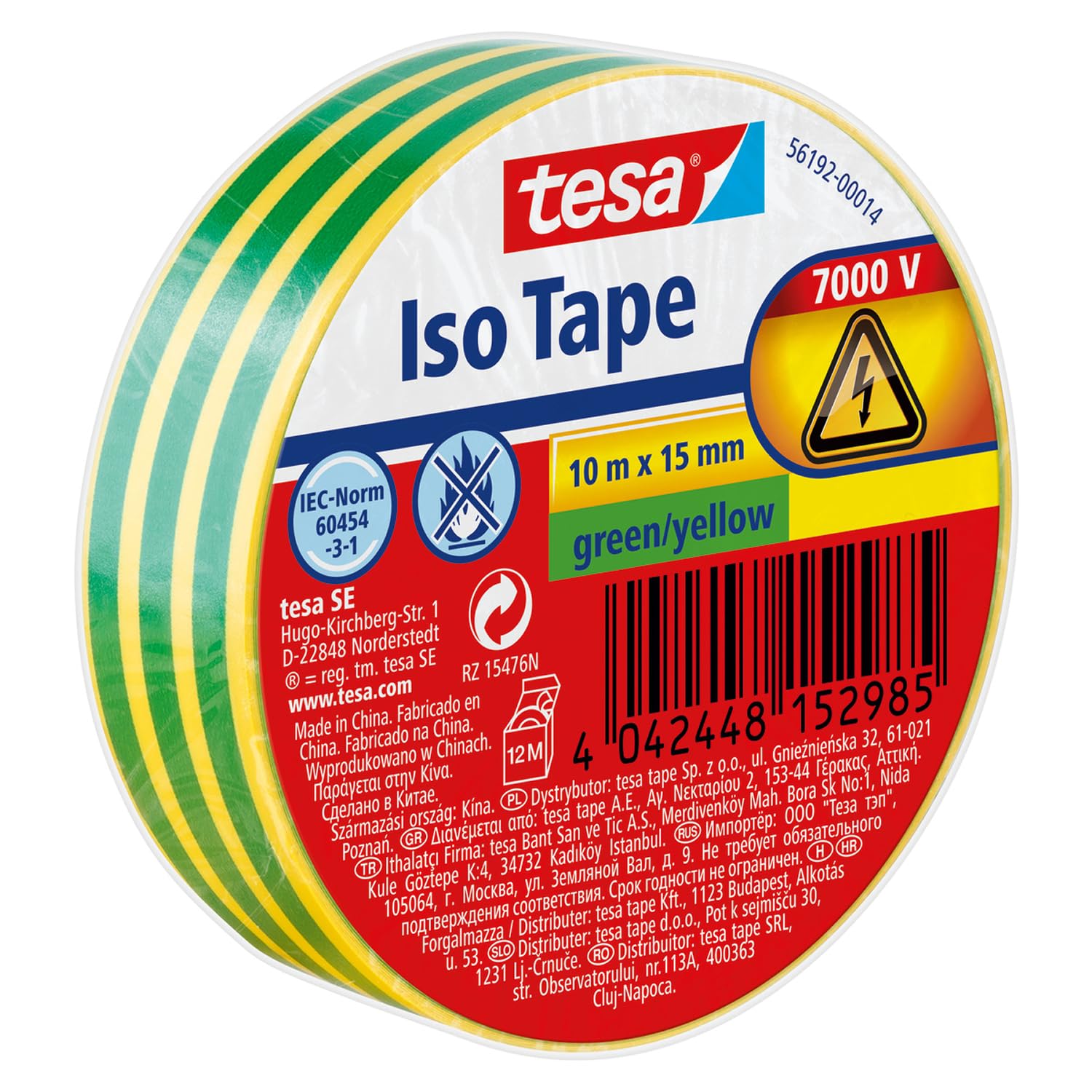 tesa Insulating Tape - Self-adhesive Insulating Tape, Heat-Resistant - for Insulating, Repairing and Bundling - 10 m - Green/Yellow