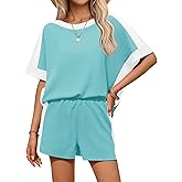 Tankaneo Womens 2 Piece Summer Outfits Oversized Short Sleeve Tops and Shorts Matching Sets Color Block Lounge Set