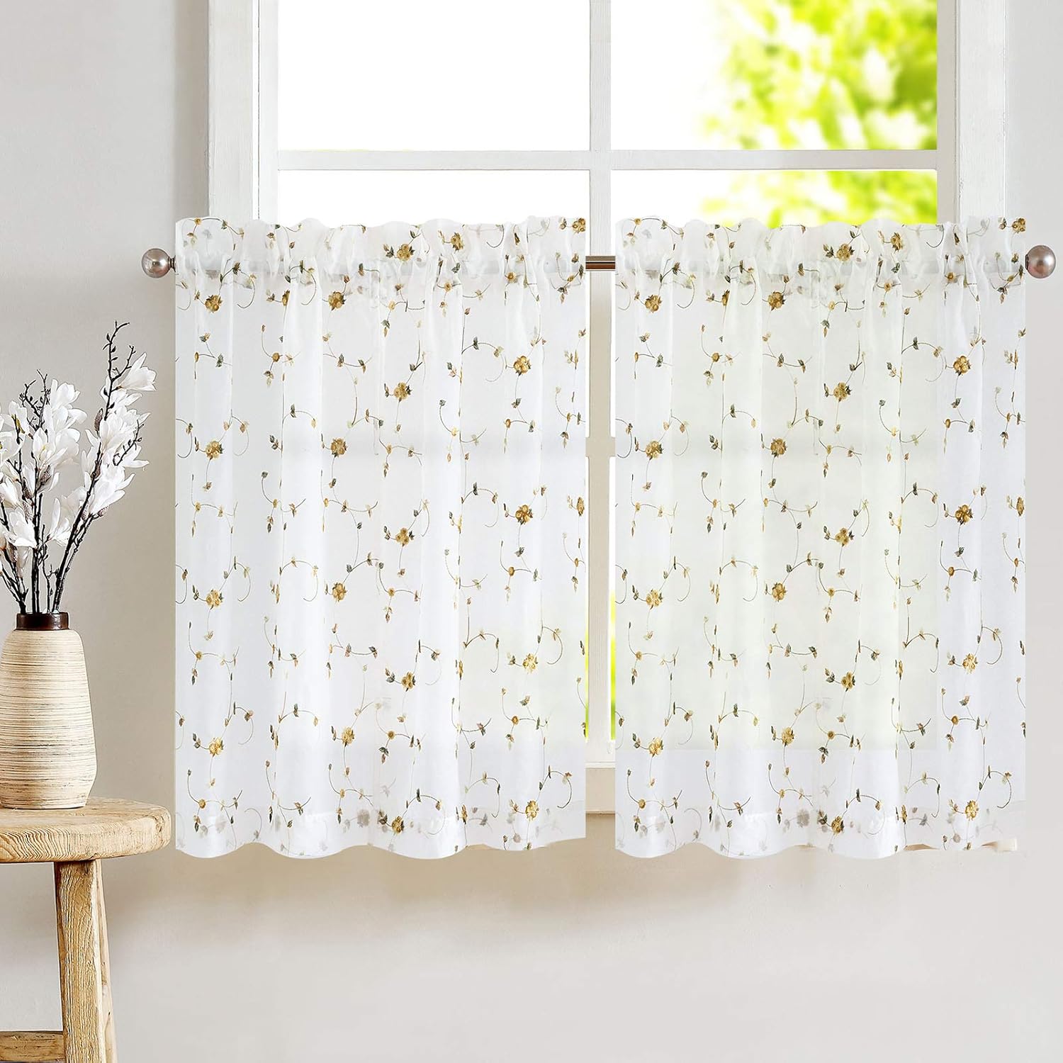 Amazon Com Sheer Curtains Floral Embroideyellow Curtains For Bedroom Yellow Rose Buds On White Rod Pocket Voile Panels For Kitchen 36 Yellow Kitchen Dining