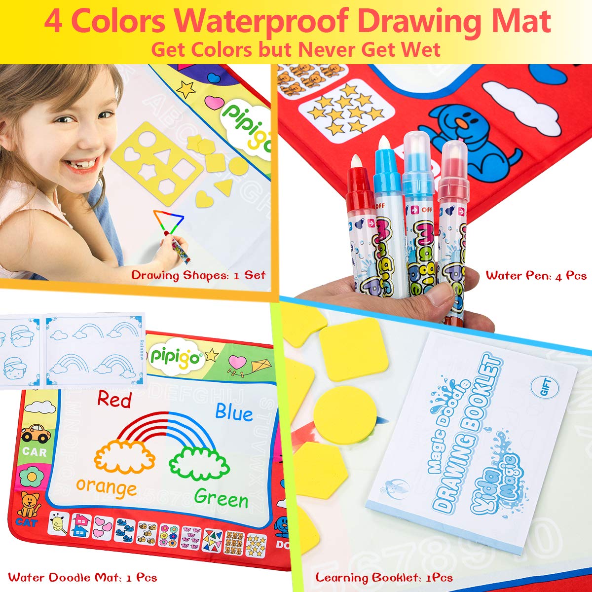 Magic Water Doodle Mats Water Drawing Mat Large 32x24in Painting Pad with 4 Pens 6 Molds Learning Educational Toddler Toys Toddler Gifts for Girls Boys Age 2 3 4 5+ Year Old Girl Gifts Boy Gifts