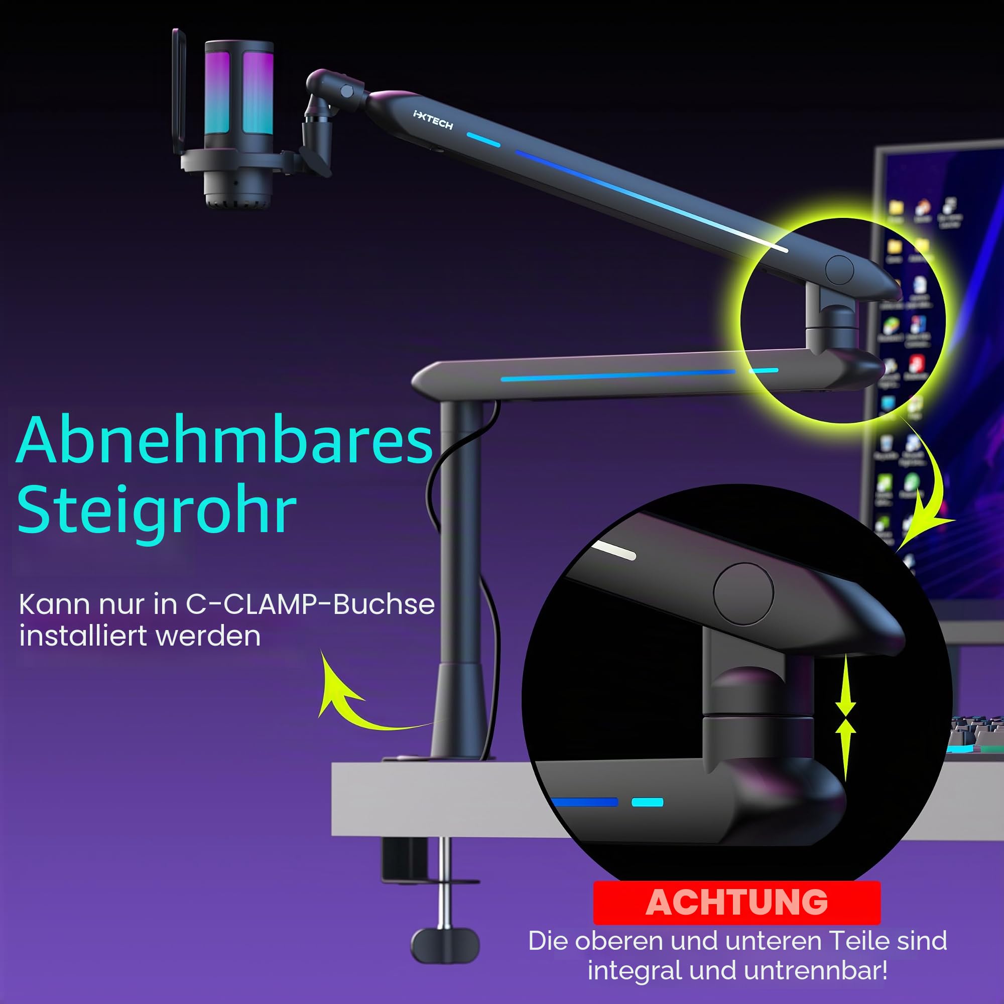 IXTECH RGB Low Profile Galgenarm für Mikrofon, verstellbarer Mikrofonarmständer mit Tischhalterungsklemme, drehbarer Mikrofonarm Mikrofonständer mit Kabelmanagement für Podcast-Streaming, 6