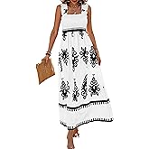 PRETTYGARDEN Womens Summer Boho Maxi Dress 2026 Casual Sleeveless Square Neck Floral Aline Smocked Beach Dresses with Pockets