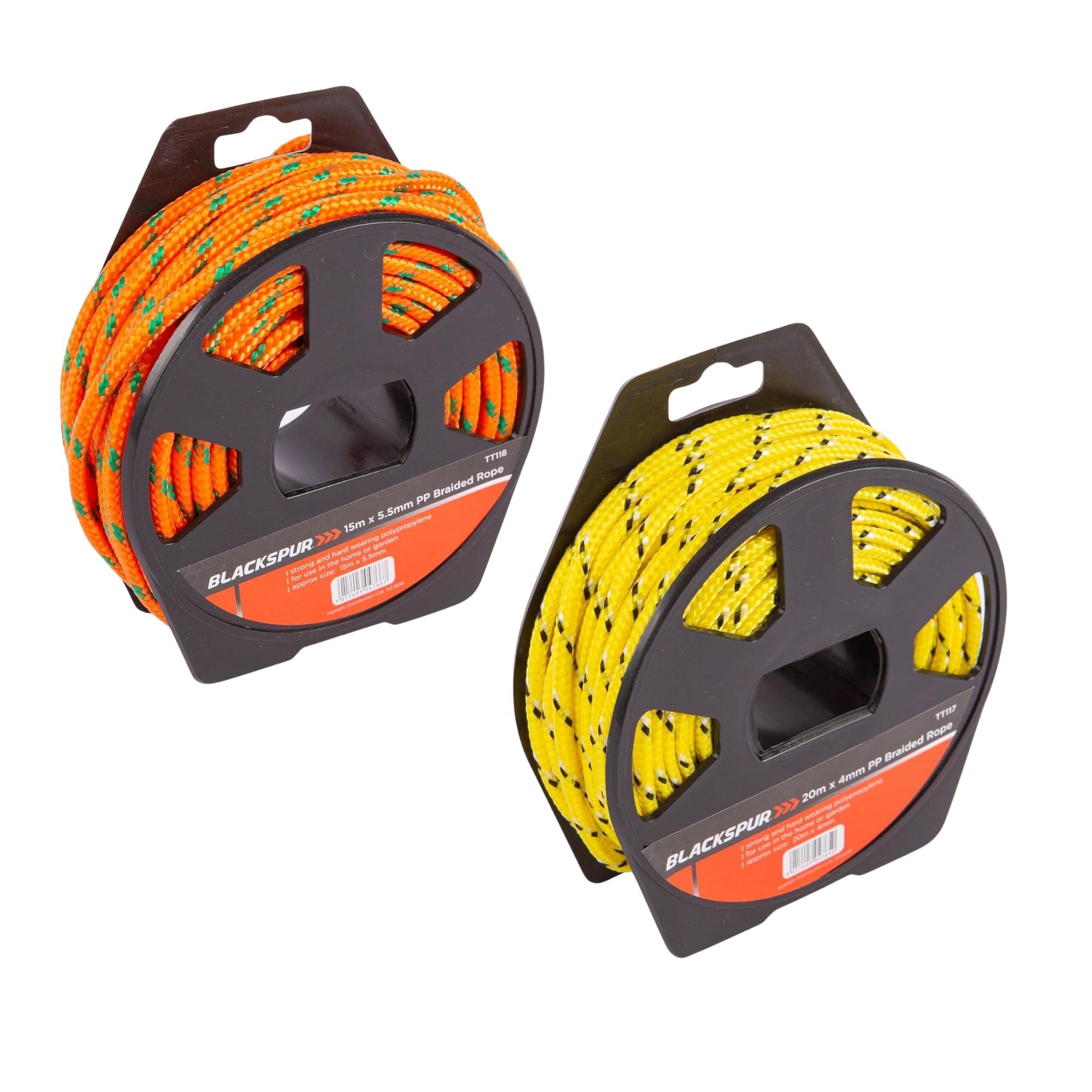 Blackspure Nylon Rope Bundle with Thick & Thin Rope - 1 Yellow 20m x 4mm Polypropylene Braided Rope & 1 Orange 15m x 5.5mm Polypropylene Rope | Heavy Duty Garden Rope for Home & Outdoor Use