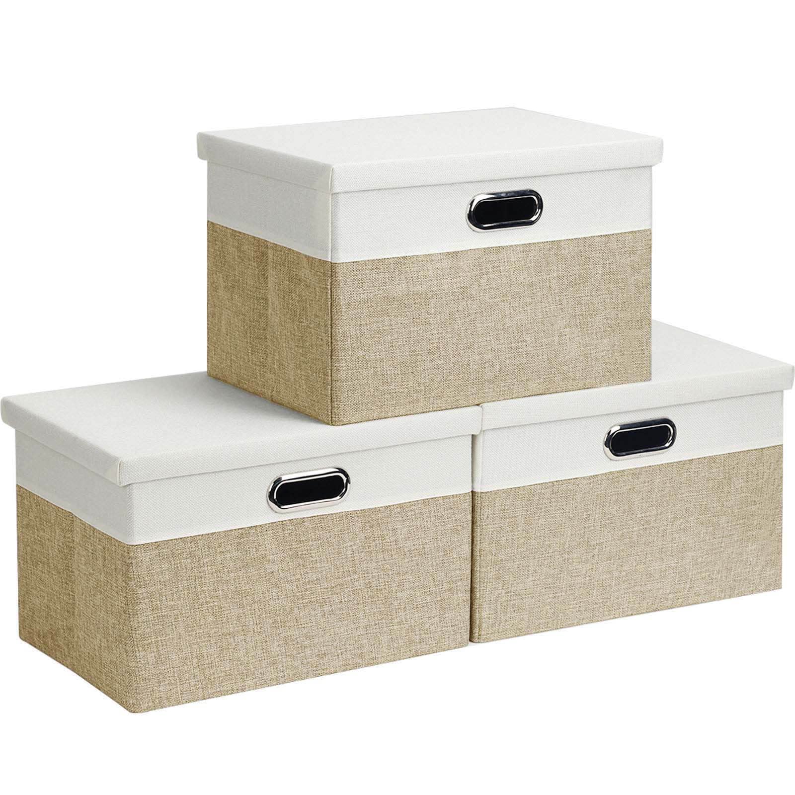 Febzoce Storage Boxes with Lids, Storage Baskets for Shelves Foldable Fabric Storage Bins Organizer for Home and Office Light Brown and White Small 33 x 22 x 18 cm 3 Pack — image 1