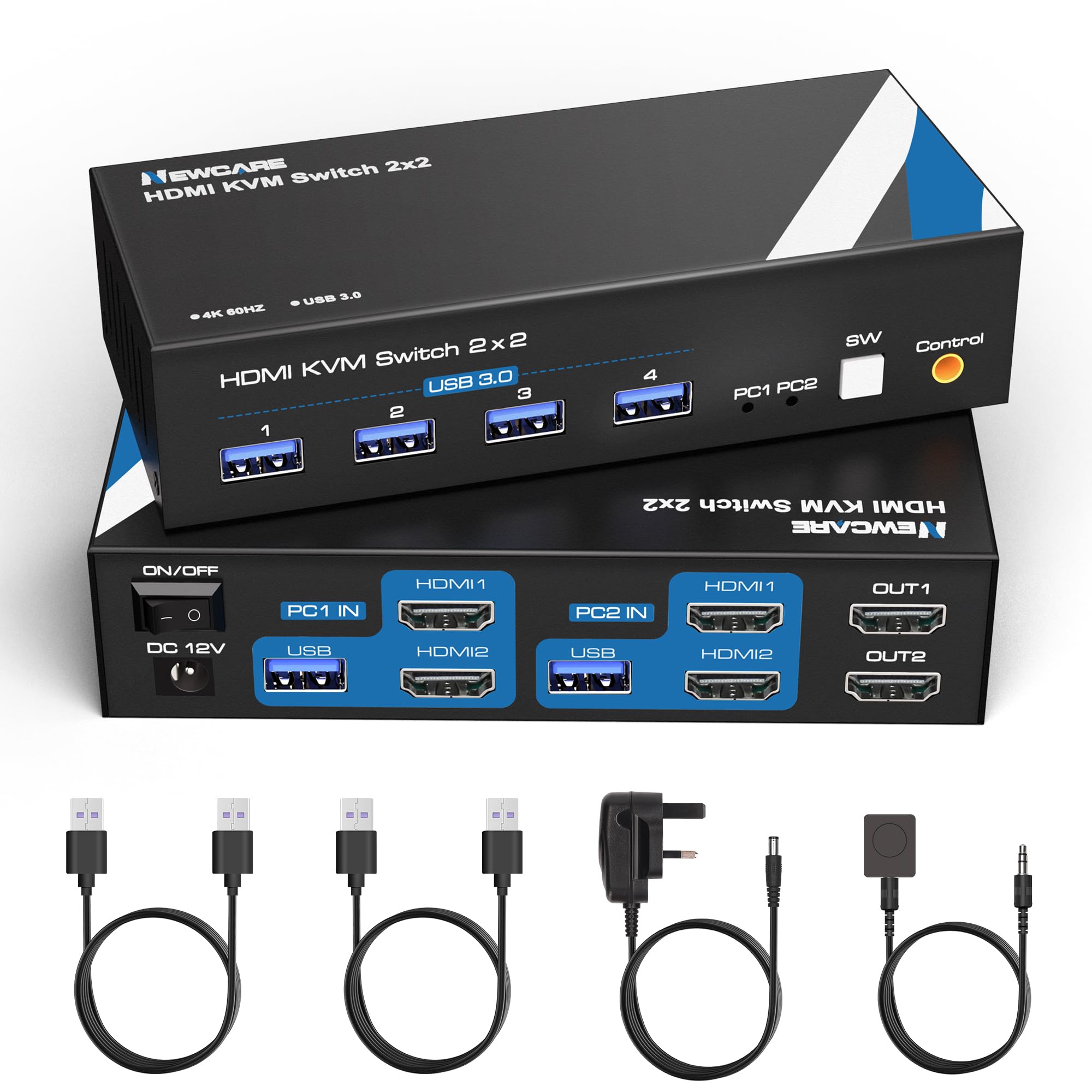 NEWCARE KVM Switch 2 Monitors 2 Computers, 4K@60Hz HDMI KVM Switch HDMI 2 Port, Dual Monitors 2 Computers Share 4 USB 3.0 Port, Support Desktop Controller, 2 USB Cable Included