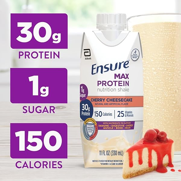 ENSURE MAX PROTEIN SHAKE | CHERRY CHEESECAKE | READY TO DRINK | 30G PROTEIN FOR MUSCLE HEALTH | 1G SUGAR, 4G FIBER | 11 FL OZ, 4 PACK