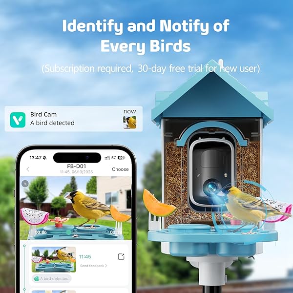 SMART BIRD FEEDER WITH CAMERA, 2K HD SOLAR POWERED BIRDHOUSE WITH CAM FOR OUTDOORS, AI IDENTIFY BIRDS SPECIES, AUTO CAPTURE & REAL-TIME NOTIFICATIONS (BLUE)