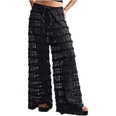 RoseSeek Women's Crochet Lace Pants Ruffle Layered Elastic Waist Mesh Bathing Suit Cover Up Beach Pants