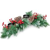 31.5 Inch Christmas Candle Holder Centerpiece for 3 Pillar Candles | Artificial pine centerpiece, Red Berry Clusters and Greenery, for Xmas dining tables, mantels and holiday decor