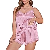 OYOANGLE Women's Plus Size 2 Piece Pajama Satin Lace Trim Cami Top and Shorts Sleepwear Set
