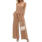LOOKBOHO Women's Jumpsuits Dressy Casual Sleeveless Belted Long Wide Leg Pants Elegant One Piece Jumpsuit Summer