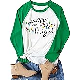Christmas Tshirt Women Merry and Bright Shirt Letters Print Splicing 3/4 Sleeve Baseball Tshirt Blouse Tee Tops