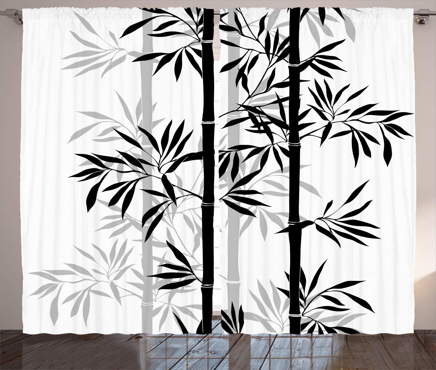 ABAKUHAUS Tree of Life Curtains, Silhouette of Bamboo Tree Leaves Japanese Feng Shui Boho Image, Living Room Bedroom Window Drapes 2 Panel Set, 280 x 260 cm, White Black