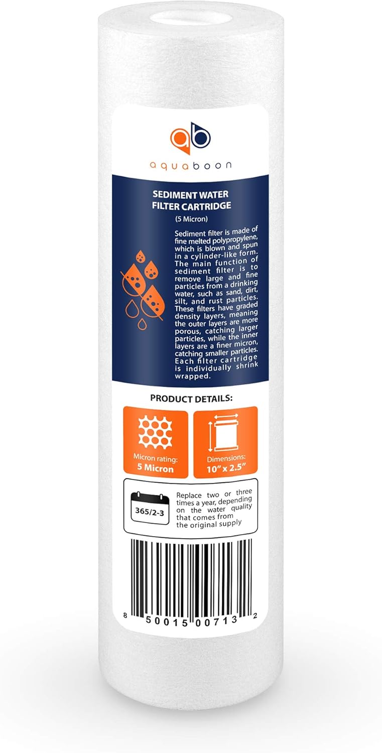Aquaboon 6-Pack of 5 Micron 10" Sediment Water Filter Replacement Cartridge for Any Standard RO Unit | Whole House Sediment Filtration | Compatible with DuPont WFPFC5002, Pentek DGD series, RFC: Kitchen & Dining
