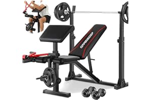 OPPSDECOR Weight Bench Set with Leg Extension and Curl, 900LBS Profesional Bench Press Set and Barbell Rack with Safety Spotter Catches, Preacher Curl Workout Benches for Home Gym