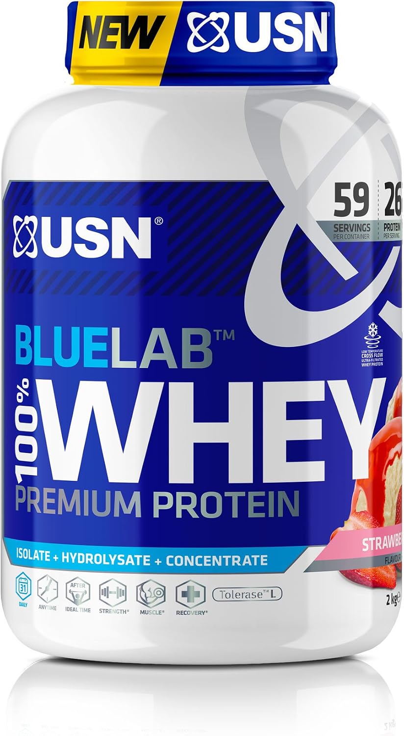 USN BlueLab 100% Whey Protein Powder 2kg (58 Servings), 25g Protein, Whey Isolate, Hydrolysate & Concentrate Blend