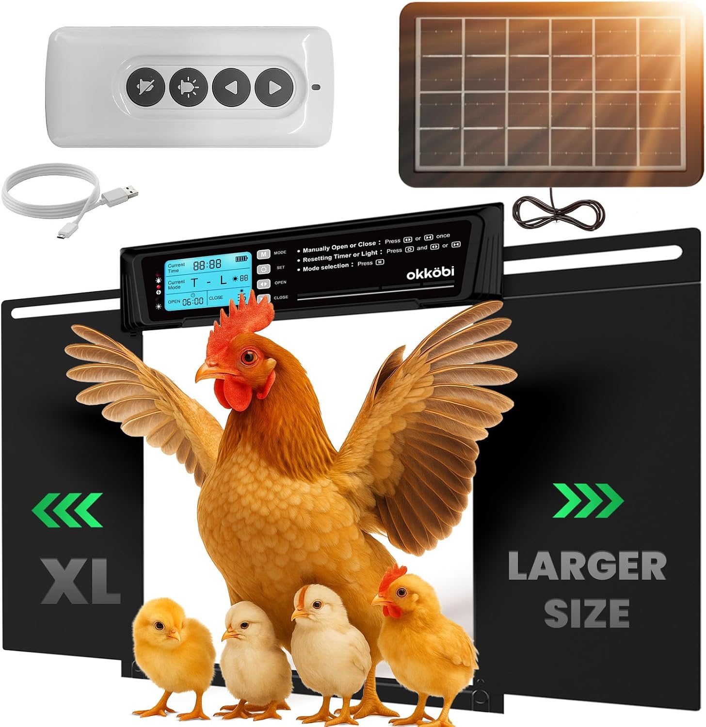 Extra Large Automatic Chicken Coop Door Solar Powered with Remote – LCD Display, Light Sensor, Timer & Anti-Pinch Function – 28.7 cm x 22.1 cm Door Opening – 5-Year Protection – Black – by Okköbi