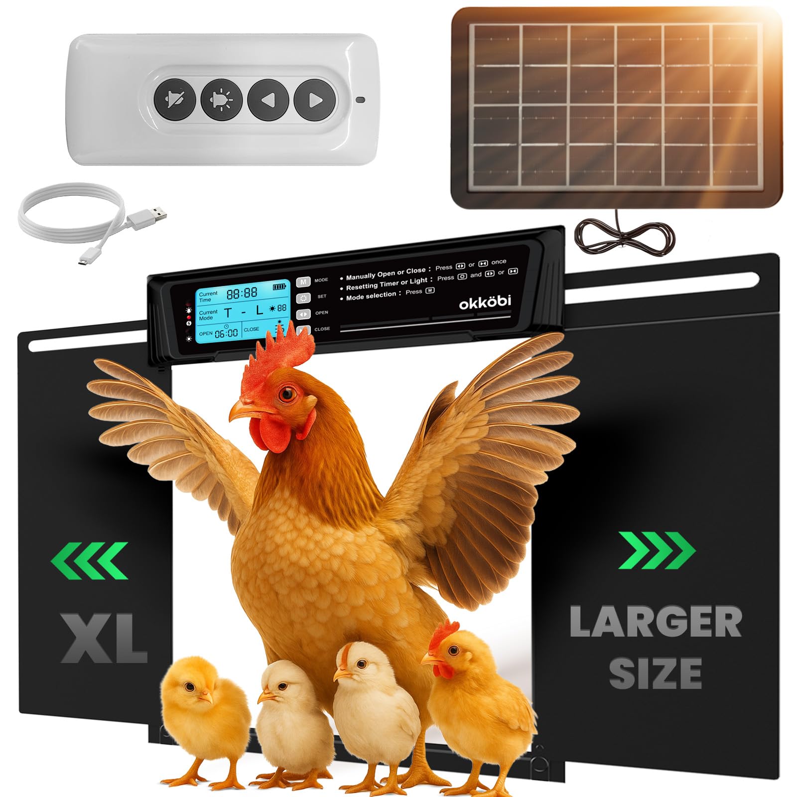 Photo 1 of Extra Large Automatic Chicken Coop Door Solar Powered with Remote - LCD Display, Light Sensor, Timer & Anti-Pinch Function – 11.3" x 8.7" Door Opening – 5-Year Protection – Black – by Okköbi
