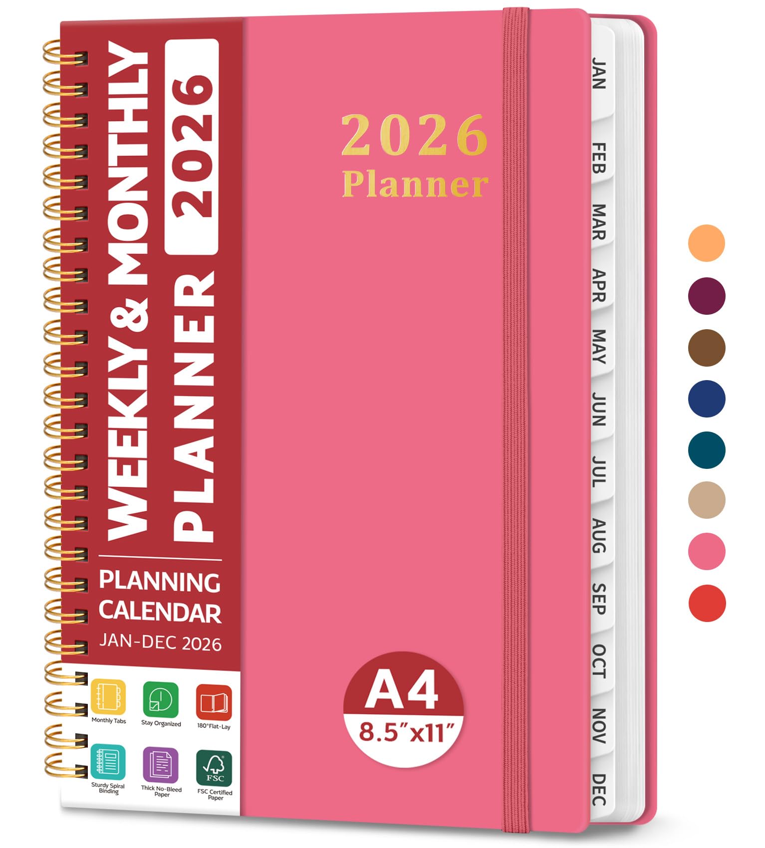 Photo 1 of 2026 Planner, Weekly and Monthly Calendar Planner for Women, Jan 2026 - Dec 2026, Hardcover Planning Agenda Book with Tabs, Spiral Bound, Inner Pocket, Perfect for School Office Supplies, 8.5" x 11" - Peach Pink