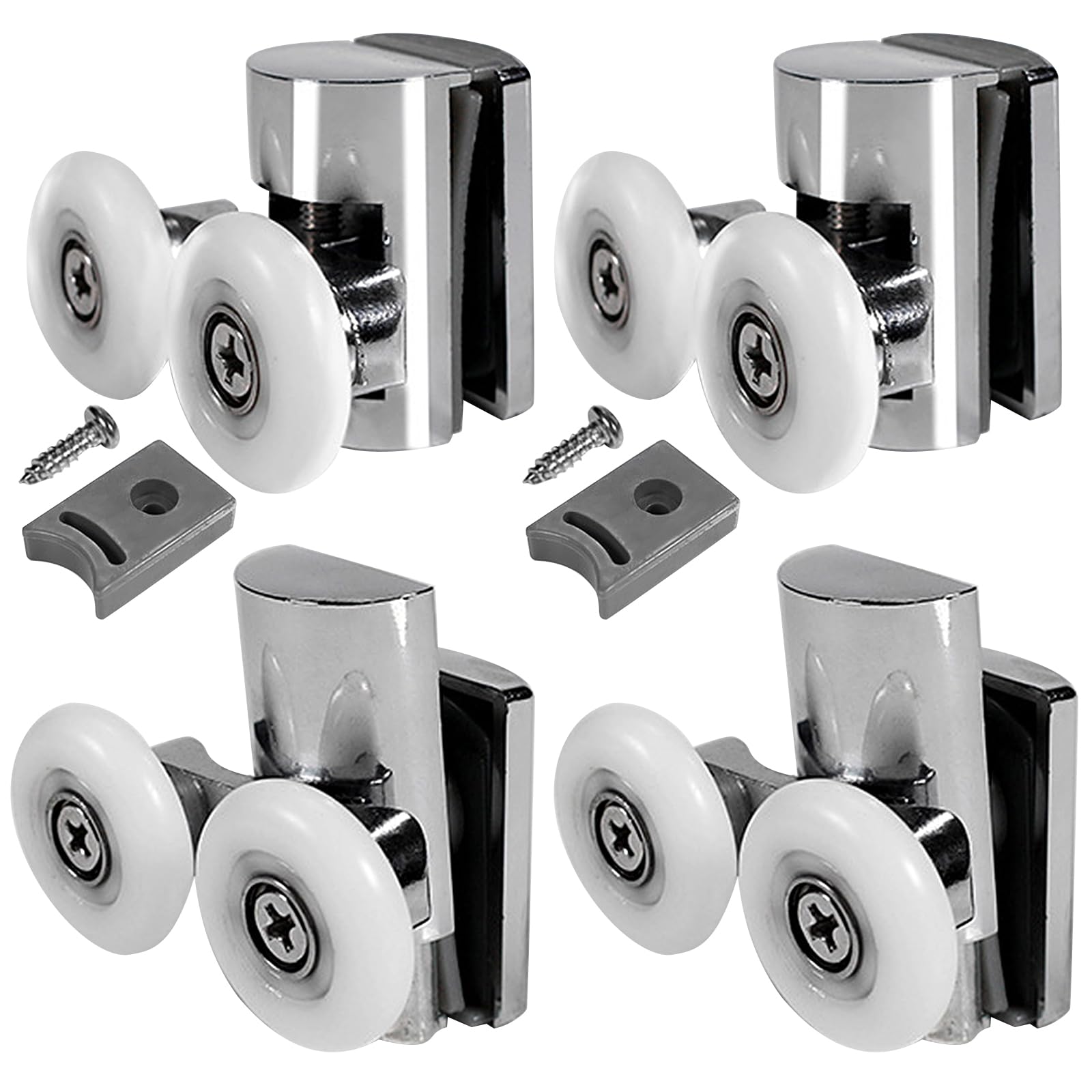 Shower Door Twin Rollers, Set of 4 - Top & Bottom, Zinc Alloy Runners Wheels, Shower Door Twin Rollers for Curved Doors, Bathroom Replacement Parts (23mm - Zinc)