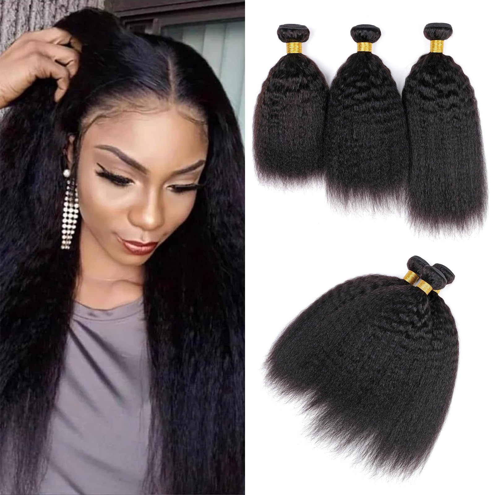 Huarisi Brazilian Kinky Straight Bundles Human Hair 10 12 14 Inch Short Yaki 3 Bundles for Black Women Remy Hair Weaves Extensions Double Weft Natural Color — image 1