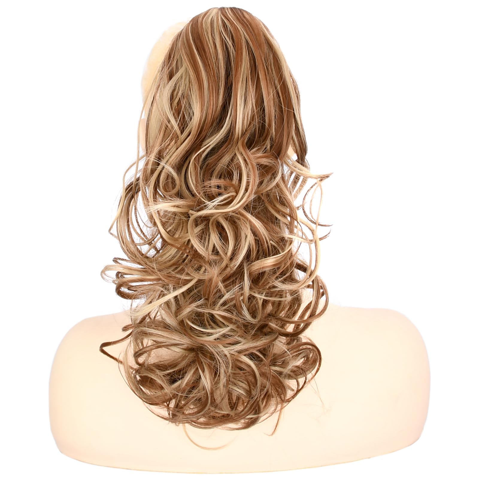 BOBIYA 13 Inches Claw Clip in Loose Curly Synthetic Wrap Around Ponytail Extensions Pony Tail Clip In Extensions (Auburn Mix Golden Blonde)