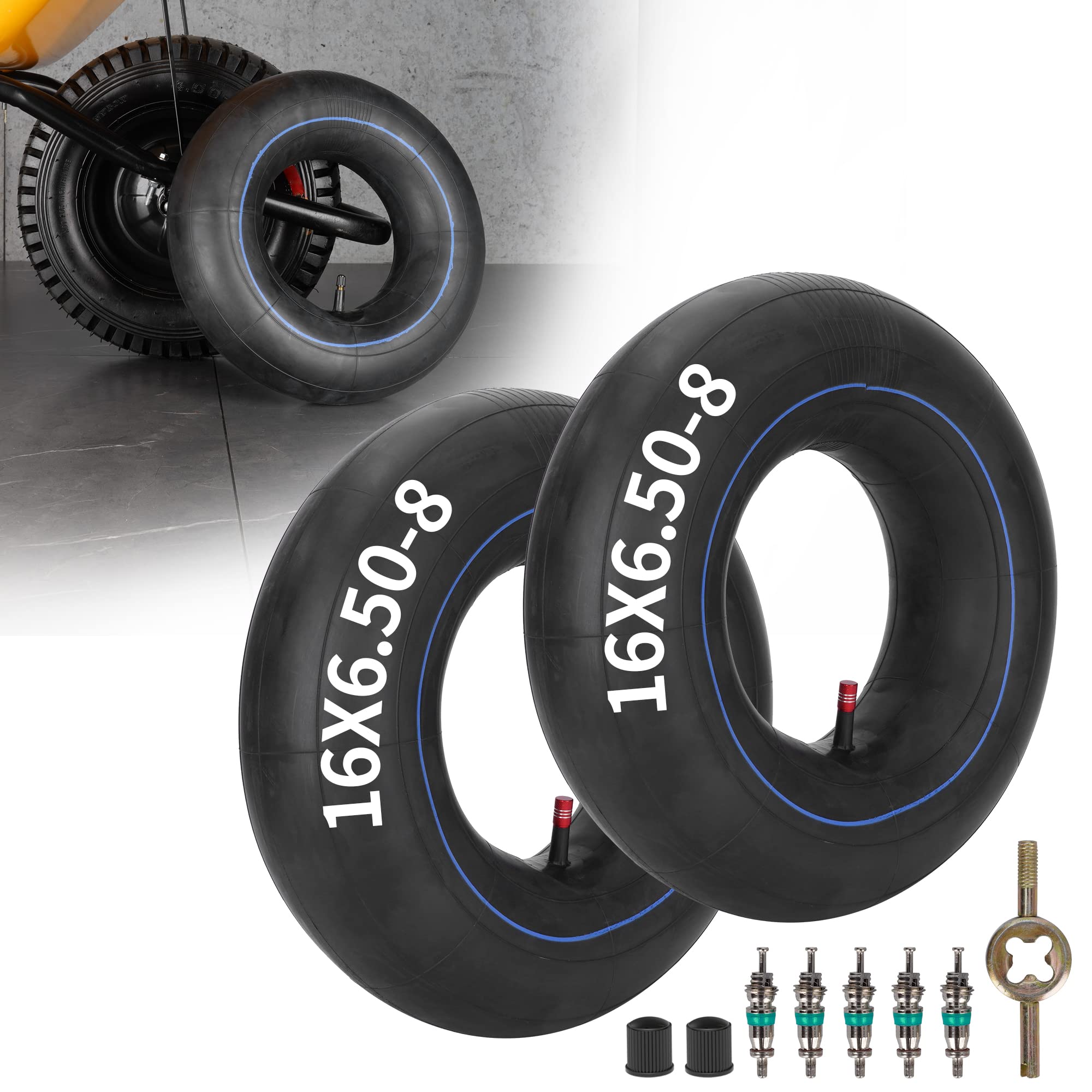 RUTU 2 Pack 16x6.50-8 16x650-8 Inner Tube with TR13 Straight Vavle and Installation Accessories for ATV Quad 4 Wheeler Golf Cart Tractor Lawn Mower Tillers Railers Wheelbarrow Utility Trailer