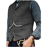 Ceehuteey Mens Suit Vest Waistcoat Tweed Retro V Neck Wool Herringbone for Prom