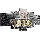 San Diego Baseball Stadium B&W Panoramic Poster With Neon effect Padres Sign (5-Panel Framed Canvas Printing Full Size: 60x100cm) Home Decor Man Cave Wall Art