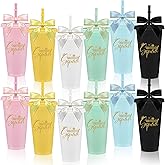 Honeydak 12 Set Birthday Squad Tumblers 24oz Birthday Cups Colorful Reusable Plastic Tumblers with Lids Straws and Ribbon Bow Decorations Party Favor