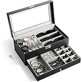 MoKo Watch Box Organizer, 2 Layers Lockable Sunglasses Jewelry Organizer with Glass Lid for Men Women, Watch Display Case Jewelry Box for Watches, Sunglasses, Tie Pins, Cufflinks, Rings, Black