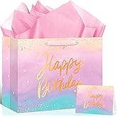 Pink Ombre Birthday Gift Bag Large Gradient Pink Purple Happy Birthday Gift Wrapping Paper Bag with Handles Tissue Paper Greeting Card Star Galaxy Favors Bag for Women Girls Baby Shower Party Supplies