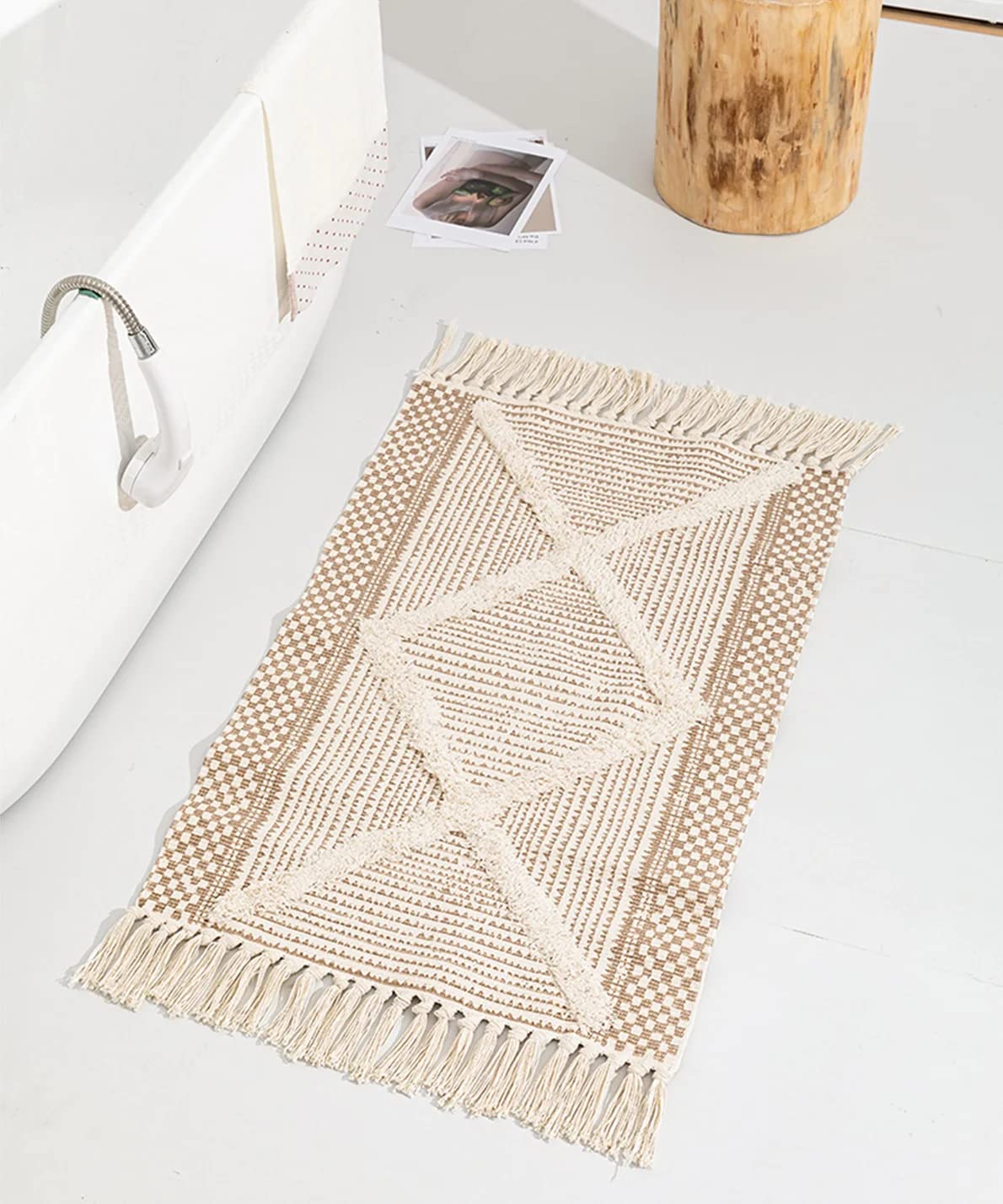 JaeMoose Cotton Rug Tufted Cotton Rug Washable Retro Hallway with Tassels Moroccan Boho Rugs for Living Room Bedroom Front Door (Light Brown, 60 x 90 cm)
