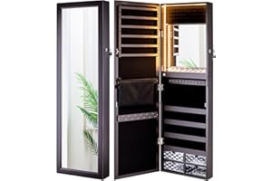LUXFURNI Mirror Jewelry Cabinet 79 LED Lights Wall-Mount/Door-Hanging Armoire, Lockable Storage Organizer w/Drawers (Brown)